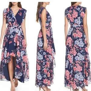 Eliza J Floral High Low Chiffon Faux Wrap Dress Size 18 Event Vacation Wedding